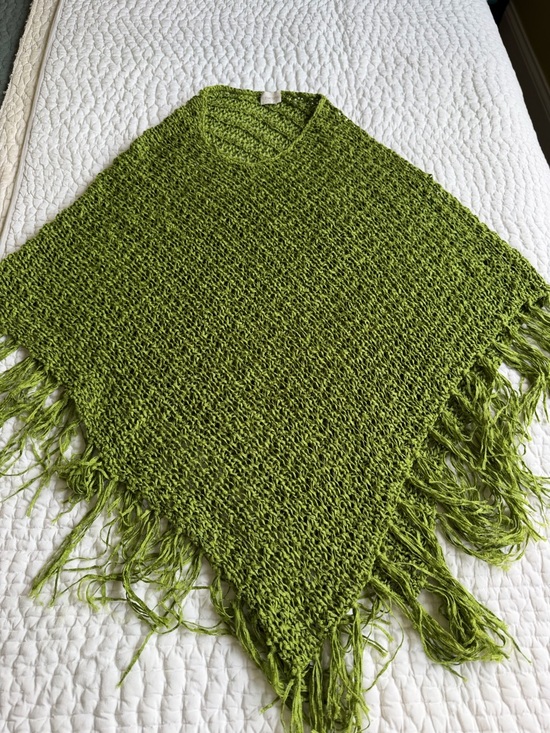 Chico's Sweaters - Chico's Lime Green Open Knit Fringe Poncho